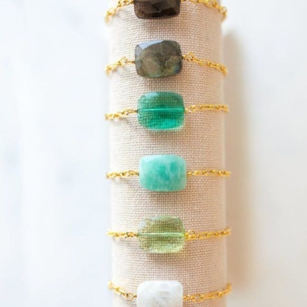 GORGEOUS Green Amethyst Gemstone Bracelet Gold Paperclip Chain Statement Jewelry